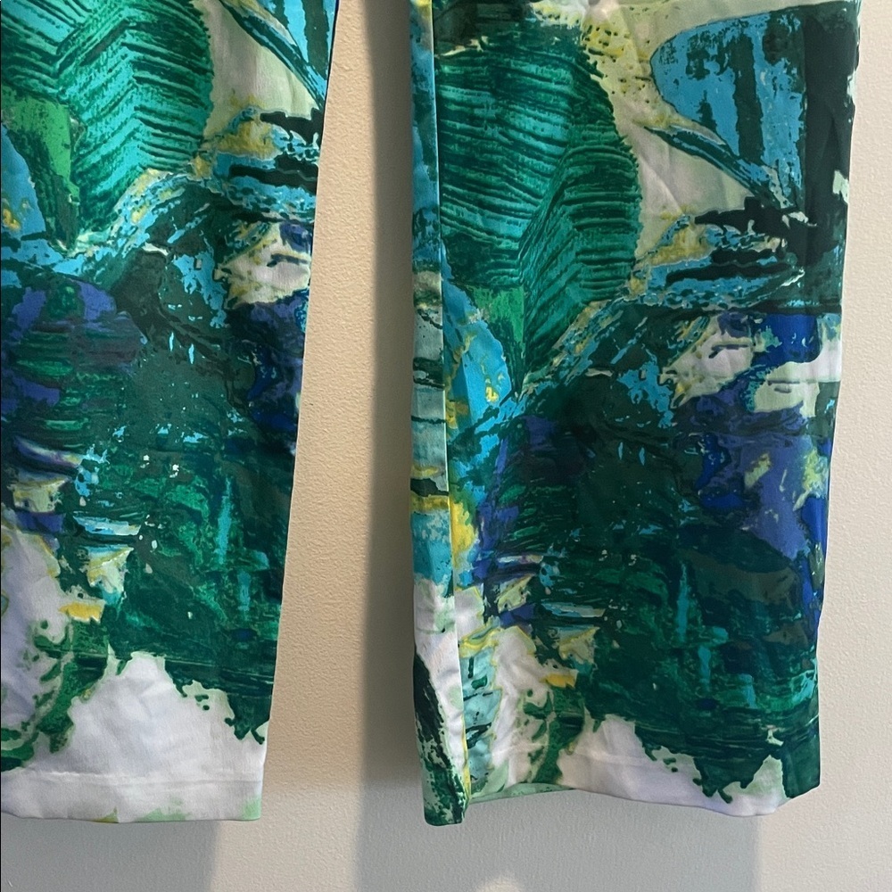 Timeless Naeem Khan Watercolor Abstract Green and Blue Wide Leg Pull Up Pants - Picture 6 of 11